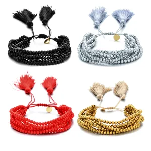Pulsera Ajustable con Borlas Multicapa de Cuentas de Vidrio Hecha a Mano Pulsera de Hilos Geométrica Dulce para Mujeres Hombres Parejas Joyería de Mano