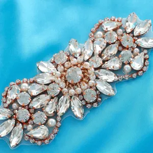 Bridal rhinestone applique belt with clear crystals and pearls on rose gold setting for wedding gown