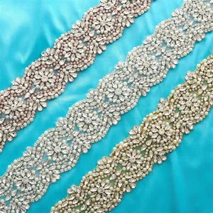 Bridal rhinestone applique belt sparkling crystal pearl trim for wedding dress sewing