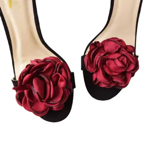 Black high heel sandals with 3D red fabric flower decorations for women wedding shoes