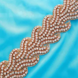 Exquisite rhinestone patch detail, sparkling crystal bead trim for wedding dress belt appliques.