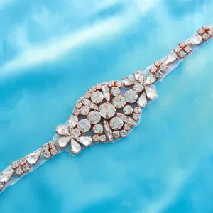 Applique de ceinture de mariée en strass cristal avec sertissage en or rose pour robes.