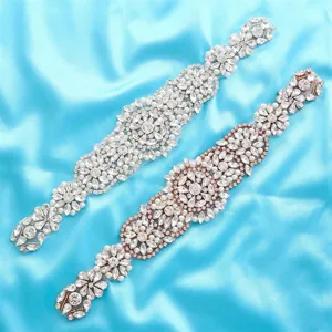 Exquisite rhinestone bridal belt applique, sparkling crystal and pearl wedding dress accessory.