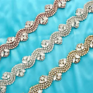 Exquisite wavy rhinestone applique trim, perfect for bridal wedding dress belts and DIY apparel decor.
