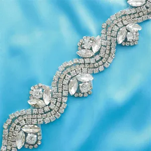 Exquisite rhinestone applique trim detailed view, perfect for bridal wedding dress belt DIY decor.