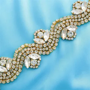 Rhinestone applique trim for bridal wedding dress belt, sparkling crystal rhinestone ribbon motif.