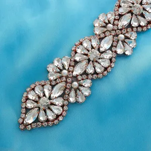 Bridal rhinestone appliqué crystal belt trim with rose gold setting for wedding dress sash.