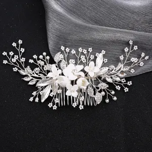Handgefertigter Keramik Blume Braut Haarkamm Silber Blatt Hochzeit Haarteil Strass Künstliche Perle Haarschmuck