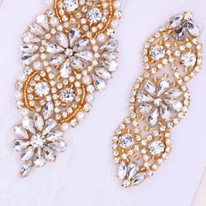 Bridal rhinestone pearl applique patch crystal sewing trim for wedding dress garter DIY decor