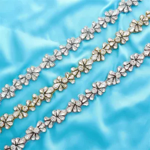 Exquisite bridal rhinestone dress belt trim and crystal flower applique for wedding gowns.