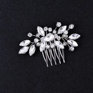 Silver rhinestone bridal hair comb, crystal leaf hair accessory for wedding and party styling.