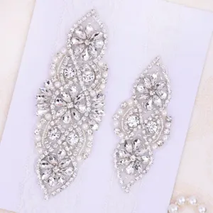 Rhinestone lace bridal garter applique detail, sparkling crystals and pearls for wedding dress.
