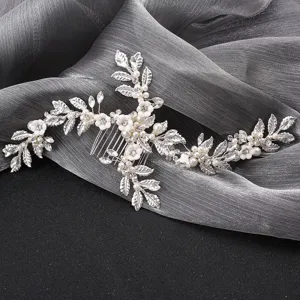 Handmade Bridal Hair Comb Alloy Rhinestone Artificial Pearl Ceramic Flower Hair Accessory Wedding Party Hair Jewelry