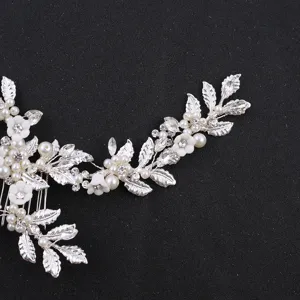 Bridal hair comb rhinestone pearl ceramic flower metal leaf hair accessory for wedding updo