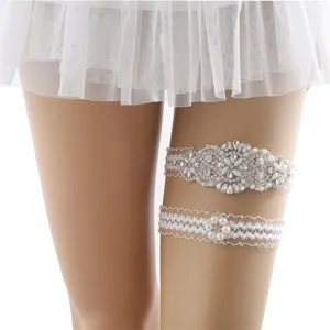 Bridal rhinestone lace garter set wedding prom leg ring party leg accessory white