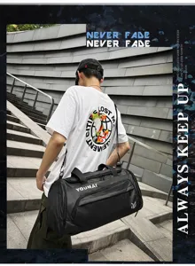 Large capacity travel duffel bag detail view, black waterproof gym sports luggage bag for men.