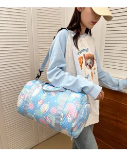 Colorblock unicorn print small fitness duffel bag with strap for sports gym yoga and daily travel.