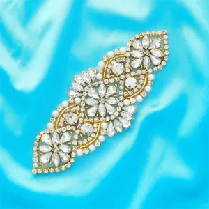 Exquisite rhinestone applique for bridal belt and wedding dress decoration, shiny crystals.