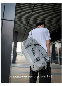 Large capacity travel duffel bag for men and women, multi-functional sports fitness bag detail.