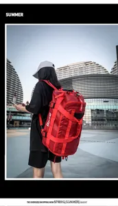 Large capacity travel backpack for men and women, stylish red duffel bag for sports and fitness.