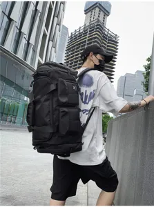 Large capacity black travel backpack multiple pockets durable multi-functional commuter bag detail view