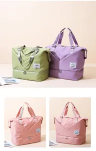 Large capacity travel duffel bag with dry wet separation compartment for gym and short trips.