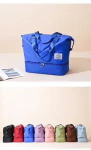 Travel duffel bag detail showing durable fabric, double layer, and multiple color options.
