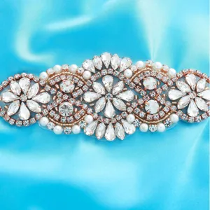 Exquisite rhinestone pearl bridal belt applique crystal decorative patch for wedding dress DIY.