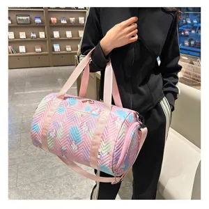 Pastel gradient sports duffel bag with cute cartoon prints, perfect for gym and travel.