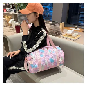 Pink blue gradient cylindrical gym bag sports yoga duffel shoulder travel bag for women daily