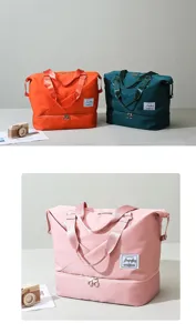 Detailed view of the large capacity travel duffel bag with dry-wet separation compartment.