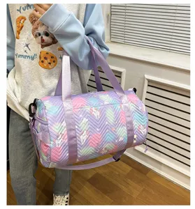 Chic pastel gradient quilted duffel gym bag with cute unicorn and star print for women fitness.