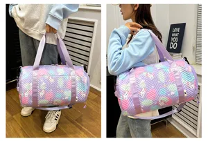 Pastel gradient unicorn duffel bag for gym, fitness, and travel with adjustable shoulder strap.