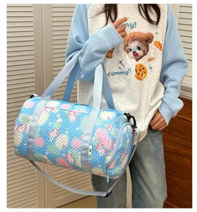 Pastel unicorn quilted gym duffel bag, cute travel shoulder handbag for sports use.
