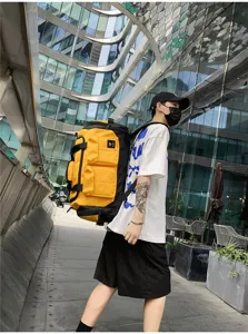 Outdoor scene detail shot showcasing large capacity travel duffel bag multiple pockets.
