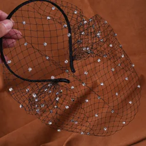 Cerchietto per capelli da sposa nero in rete di cristallo accessorio per feste da donna