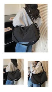 Grand sac à bandoulière en toile noire, sac de voyage sport fitness décontracté pour femmes.