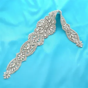 Bridal rhinestone belt sash sparkling crystal applique wedding dress accessory silver