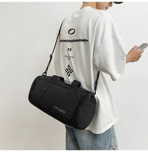 Black large capacity travel duffel bag cylindrical gym sports bag with shoulder strap