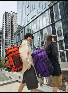 Large capacity travel backpack in orange and purple, perfect for commuting, short trips and sports.