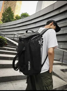 Outdoor travel backpack detail showing large capacity, durable fabric and straps.