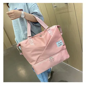 Pink travel duffel bag for women, large capacity waterproof weekender bag with shoe compartment.