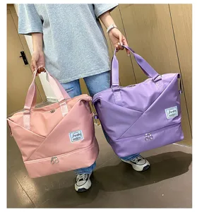 Large capacity travel duffel bag with wet dry separation compartment, pink and purple options.