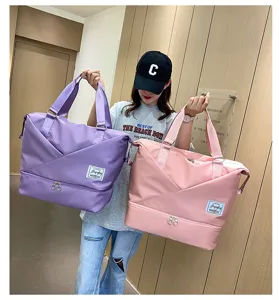 Large capacity travel duffel bag for women, lightweight gym tote with wet and dry separation.