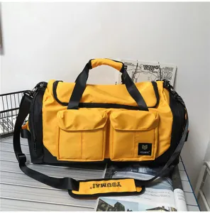 Large capacity yellow black travel duffel bag detail, multi-pocket fitness gym sports bag