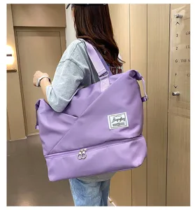 Large capacity travel duffel bag for women, waterproof fitness sports bag with shoe compartment.