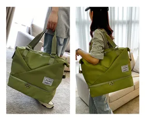 Large capacity travel duffel bag with dry wet compartment, lightweight green gym fitness bag for women.