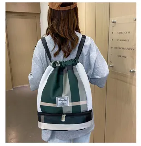 Sac à dos cordon imperméable avec compartiment chaussures, sac de sport à carreaux.