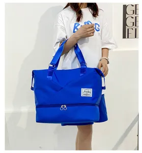 Large capacity travel duffel bag with dry wet separation shoe compartment for women gym fitness.