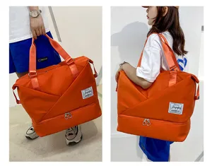 Orange large capacity travel duffel bag with wet dry separation gym bag for women short trip